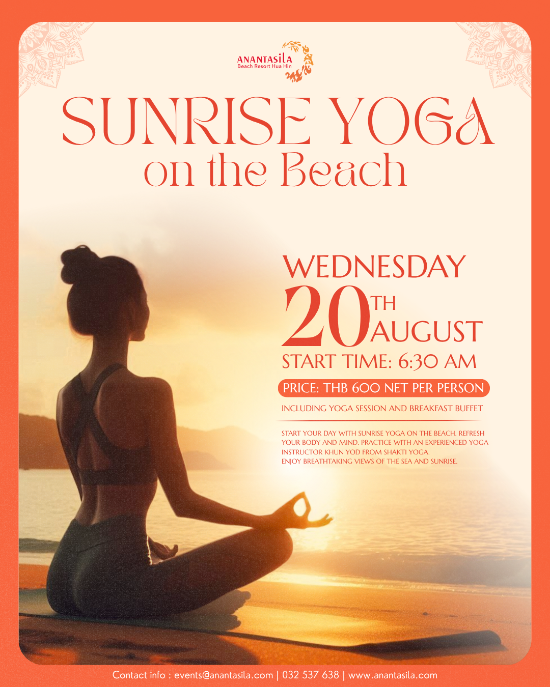 Sunrise Yoga on the Beach,restaurant huahin,seafood huahin,special rate huahin,restaurant khaotakiab,restaurant beach,Huahin Beachfront Hotel and Resort,In the seaside resort of Hua Hin,americanfood huahin,ร้านอาหารริมทะเลหัวหิน,ร้านอาหาร5ดาวติดชายทะเล,ร้านอาหารพร้อมที่พัก,thebeachatanantasila